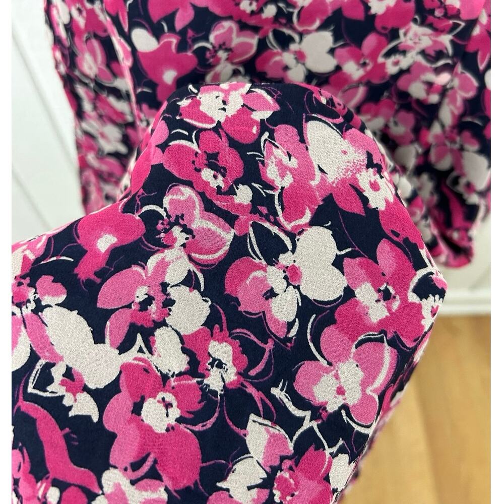 Jaclyn Smith Silk Floral Midi Dress 12 Pink Navy Sheer Sleeve 90s Y2K Romantic - Picture 3 of 8